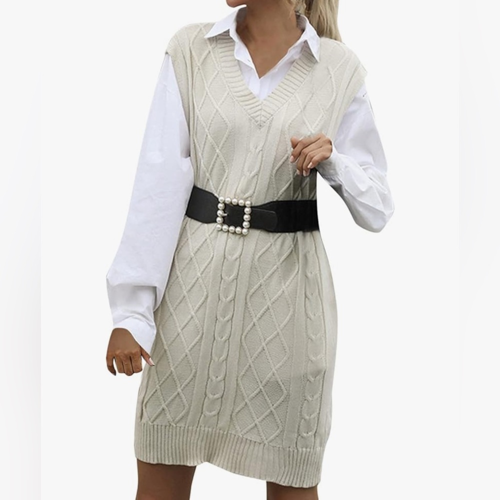 Cable Knit V-Neck Sweater Dress in Cream
